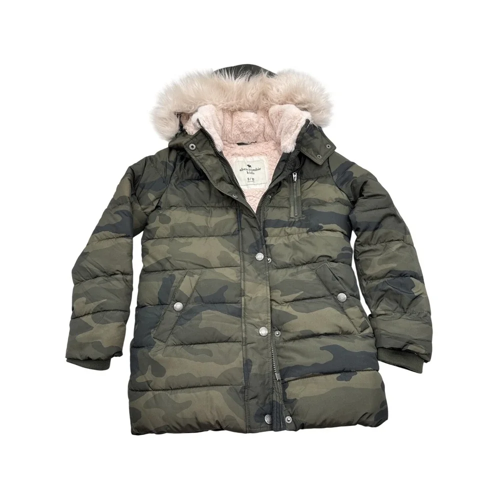 Abercrombie Kids Girls Camo Parka Jacket Faux Fur Lining Hood Size 9/10 Medium